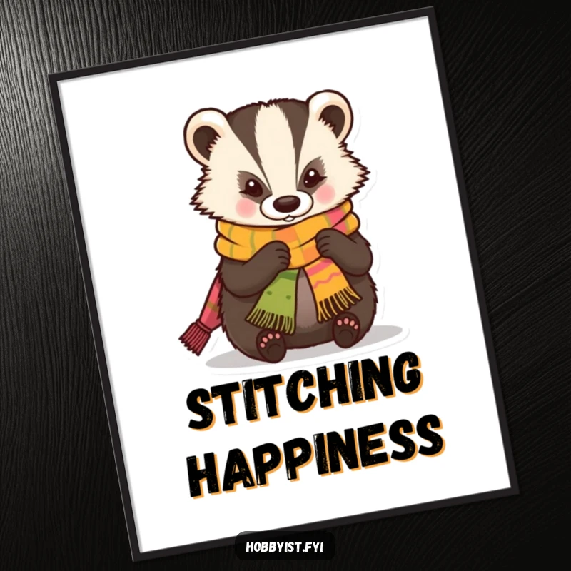 Funny Poster of a skilled kawaii badger expertly knitting a miniature, colorful scarf, bringing warm and cozy vibes.