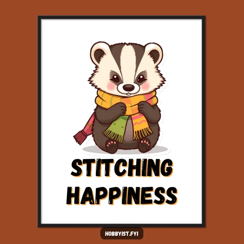 Funny Badger Knitting Poster: Kawaii Craft Art Print, Delightful Funny Gift