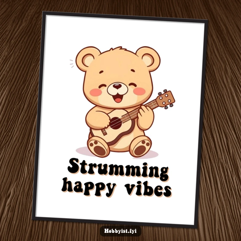 Funny bear cub joyfully playing a small ukulele, displayed as vibrant wall art poster, a cheerful decorative item.