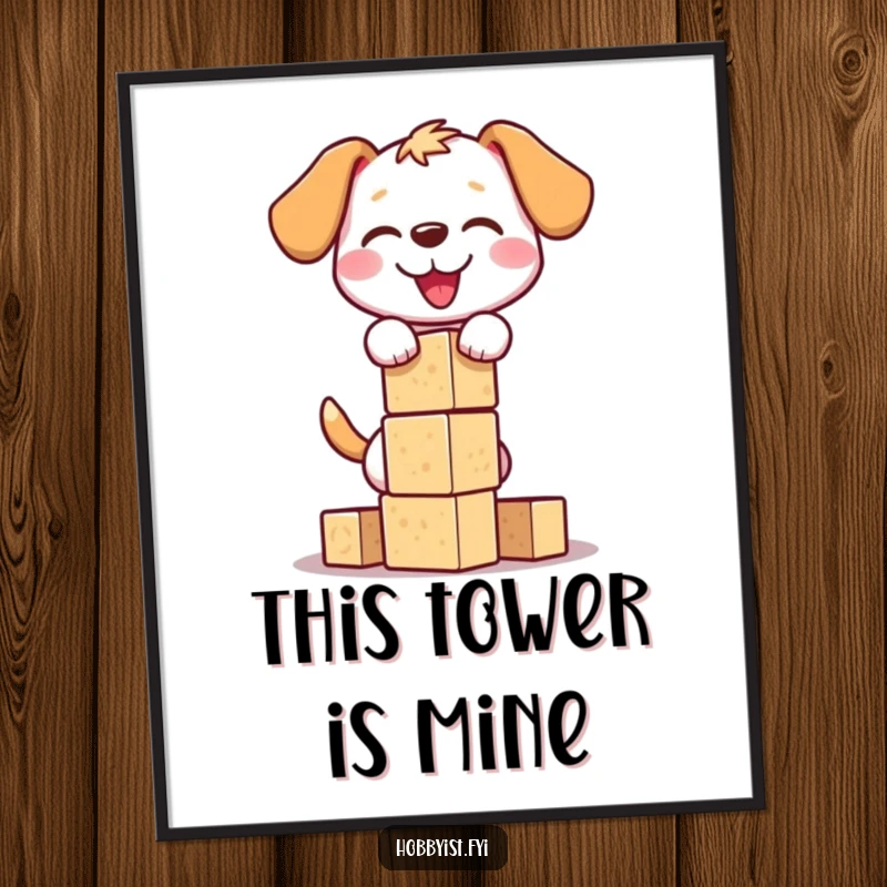 Funny dog block tower poster featuring a happy dog stacking wooden blocks, capturing a moment of playful concentration and potential canine disaster.