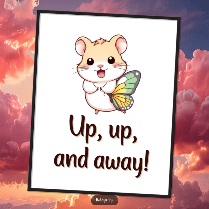 Funny Poster: A whimsical hamster enjoys a ride on a vibrant butterfly, capturing a moment of pure, unadulterated bliss and adventure.