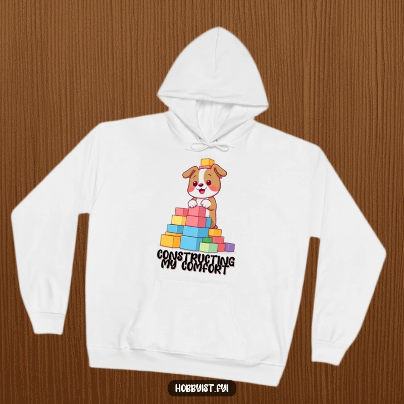 Funny, playful dog building a tall tower with colorful blocks, featured on a cozy hoodie, perfect for casual wear and playtime.