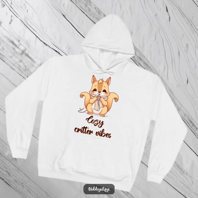 Funny hoodie featuring a cheerful squirrel knitting a tiny scarf with yarn, offering warmth and cozy crafty vibes.