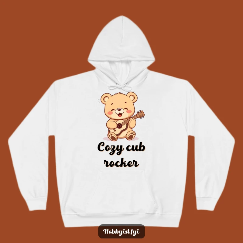 Cozy Funny Bear Cub Ukulele Hoodie - Warm Graphic Sweatshirt for Cuddly Musicians