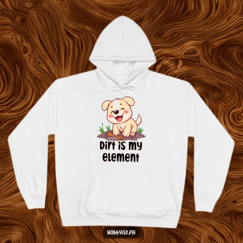 Cozy hooded sweatshirt featuring a happy dog energetically digging a hole, with a bone nearby, perfect for dog lovers.