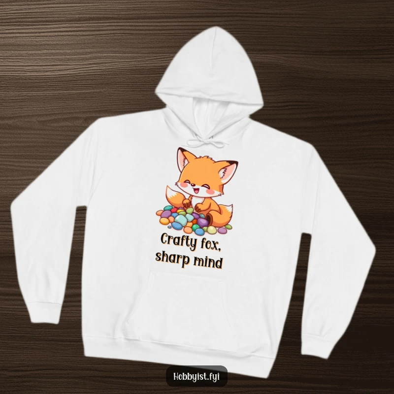 Funny Fox Hoodie: A little fox excitedly arranges colorful pebbles into a mosaic, offering warmth and artistic inspiration, a fantastic funny gift.