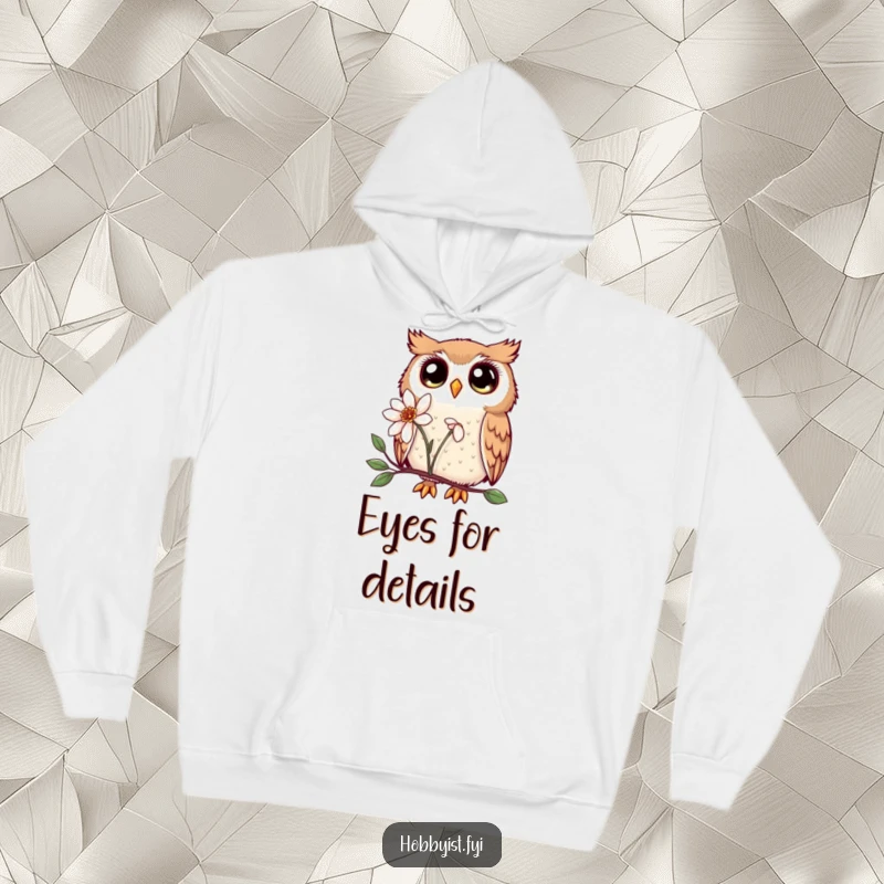 Funny Kawaii owl hoodie, featuring large, enchanting eyes, curiously observing a delicate flower, ideal for cozy, whimsical wear.
