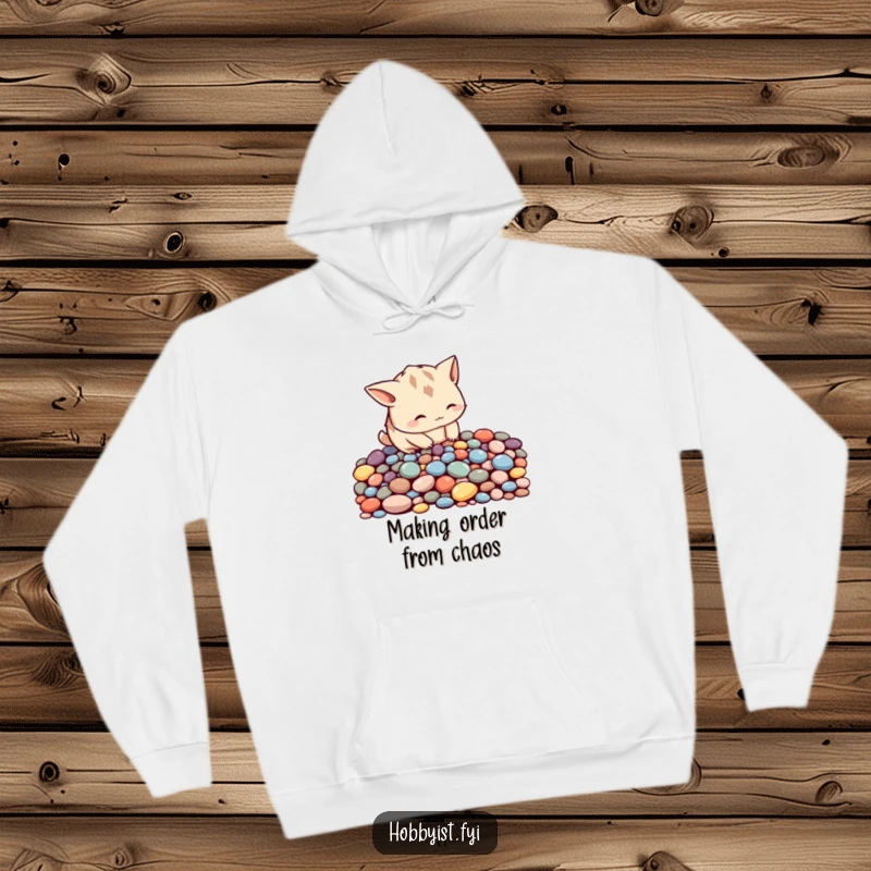 Funny curious creature with pointy ears meticulously arranging colorful pebbles into a pattern, featured on a warm and cozy hoodie.