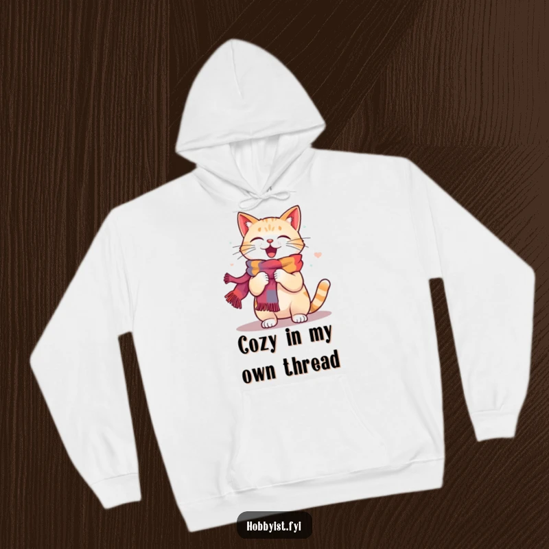 Funny Cat Knitting Hoodie: A happy cat energetically knits a colorful scarf, ideal for cozy, humorous, and creative moments.