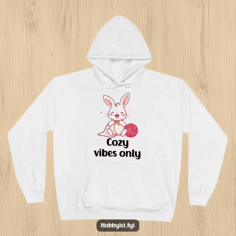 Funny Hoodie featuring a joyful rabbit enthusiastically knitting a colorful yarn ball, perfect for staying warm while crafting with a smile.