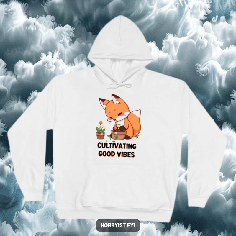 Funny Hoodie designed with a determined kawaii fox meticulously tending a small pot of blooming flowers, perfect for cozy gardening moments.