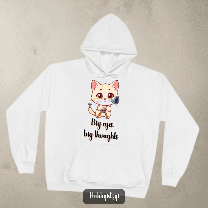 Funny, curious cat with wide, amazed eyes peering through a telescope, featured on a cozy hoodie, ideal for stargazing nights.