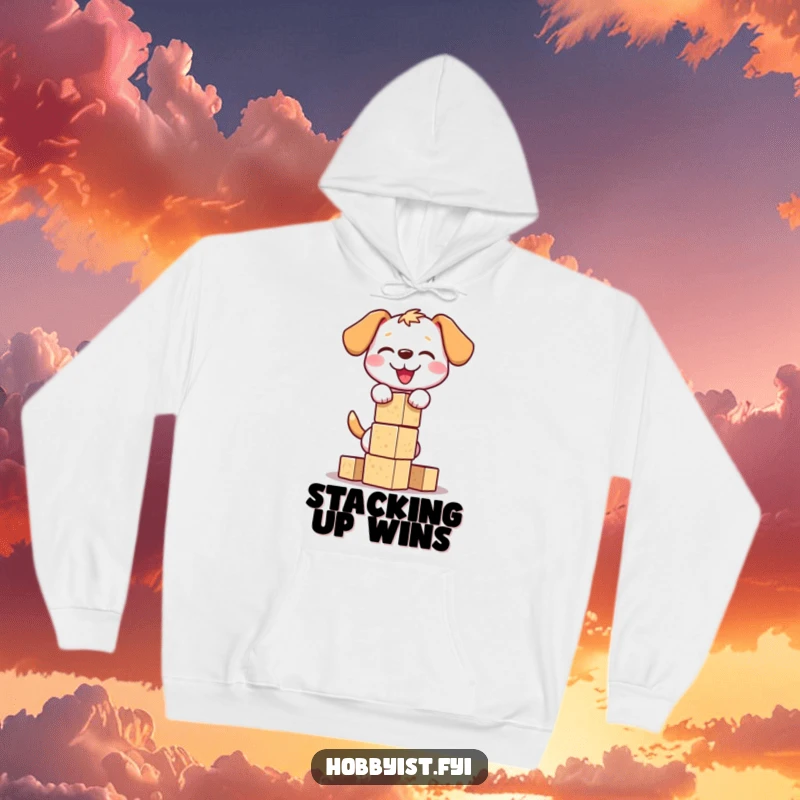 Funny dog block tower hoodie featuring a happy dog precariously balancing wooden blocks, symbolizing playtime and humorous concentration for dog lovers.