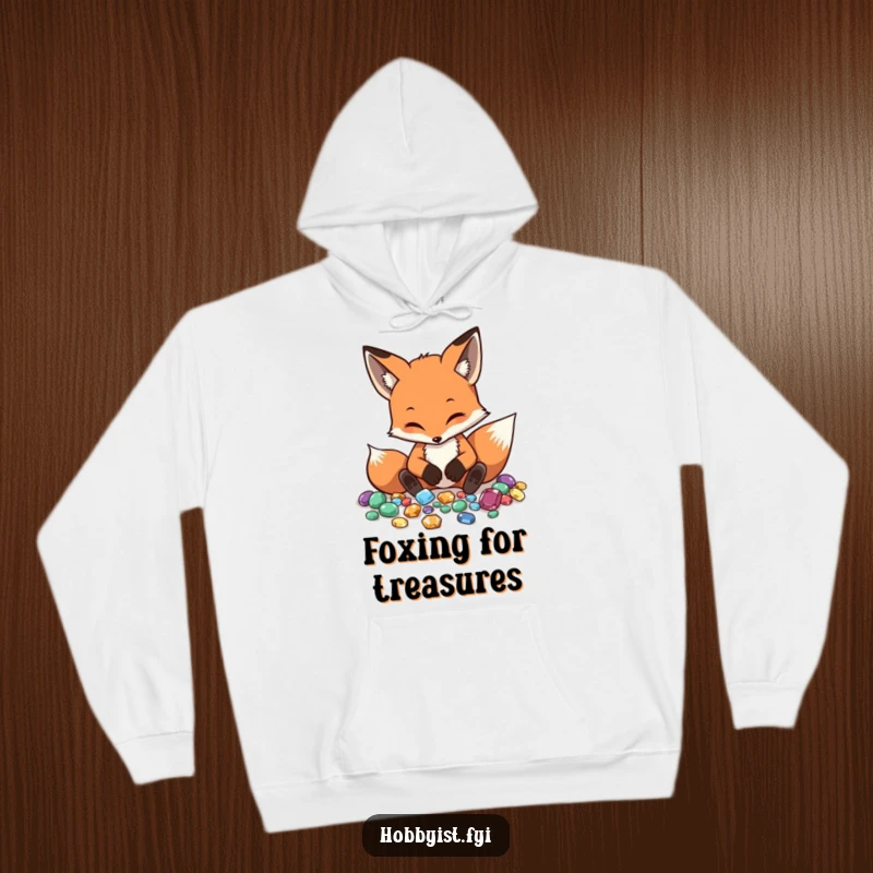Funny Fox Hoodie shows a diligent fox meticulously arranging shiny gemstones, perfect for cozy crafting sessions.