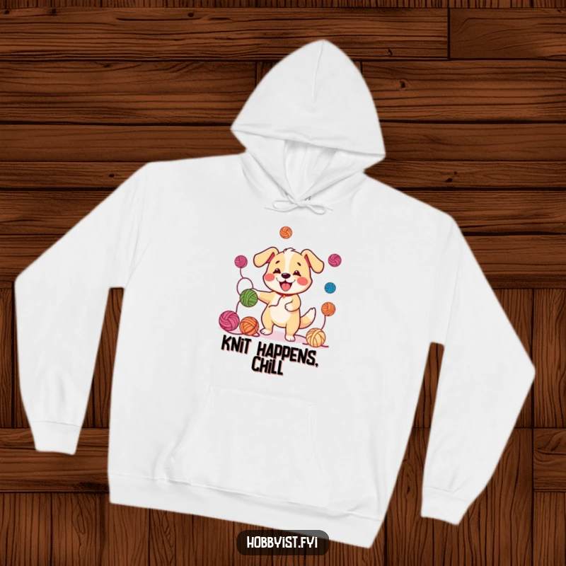Funny Juggling Dog Yarn Hoodie: A cheerful dog juggling yarn balls with a wagging tail, perfect for a warm and funny hoodie.