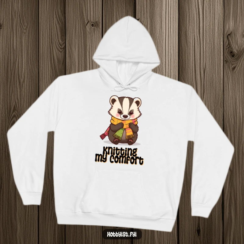 Funny Hoodie designed with a skilled kawaii badger expertly knitting a small, colorful scarf, perfect for cozy crafting sessions.