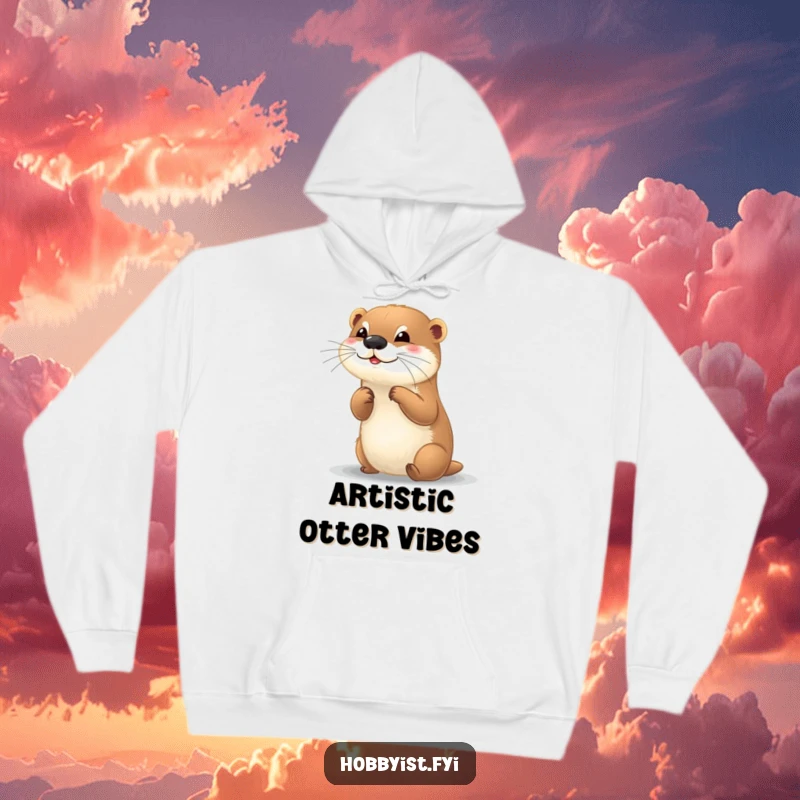 Funny hoodie depicting a playful otter diligently painting a small, colorful artwork, radiating artistic vibes.