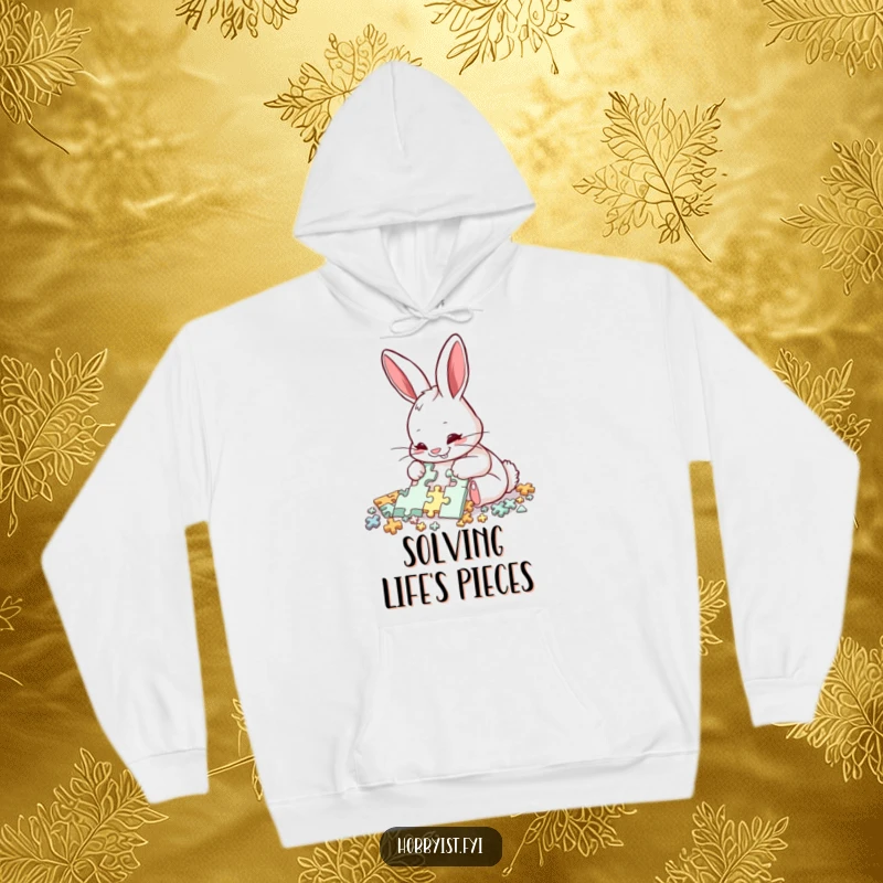 Funny Rabbit Puzzle Hoodie: A delighted rabbit meticulously assembles a complex puzzle with intense focus, making for cozy, humorous puzzling.
