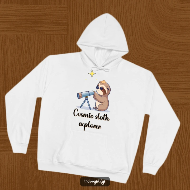 Funny Sloth Telescope Star Hoodie, a curious sloth using a telescope to observe a twinkling star, warm and cozy.