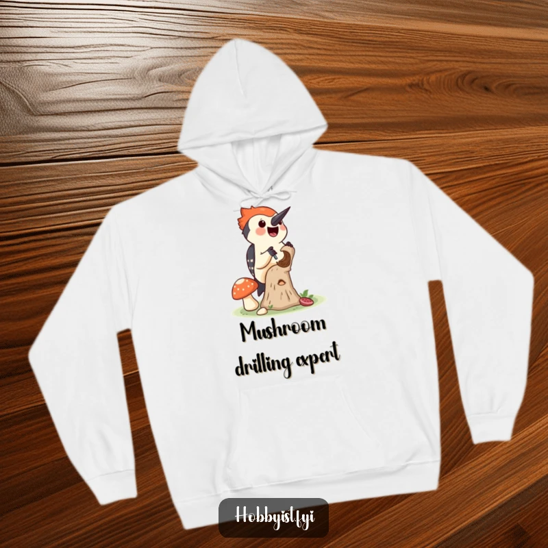 Funny hoodie featuring a joyful woodpecker drilling a tiny hole into a mushroom, perfect for cozy nature adventures.