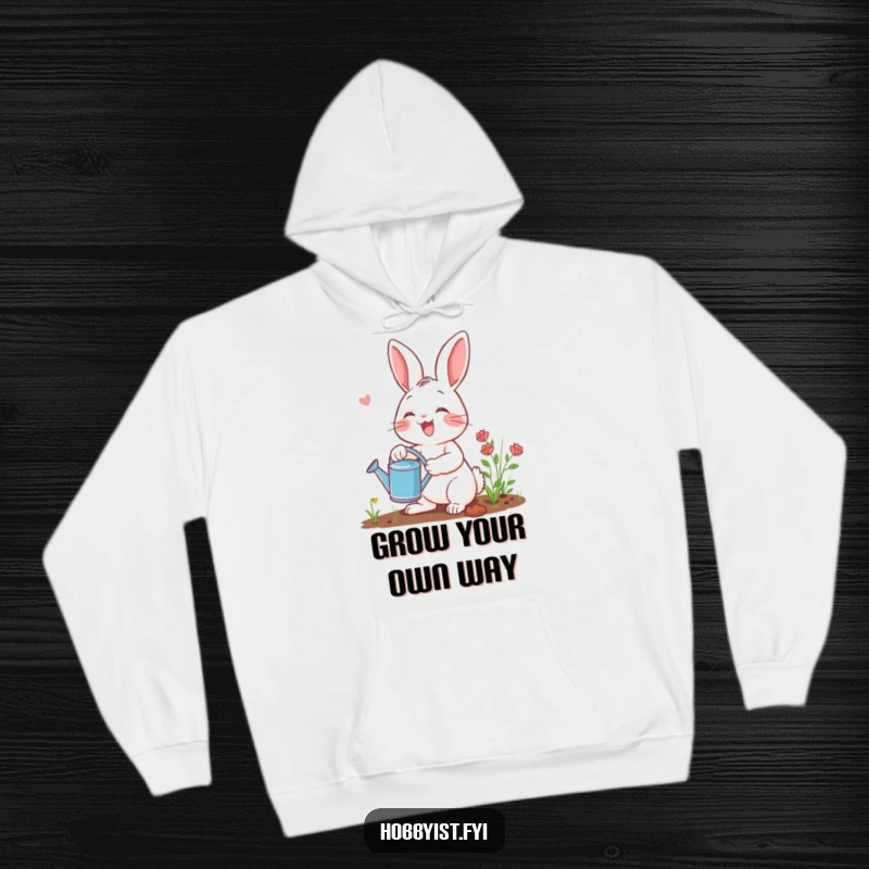 Funny gardening rabbit hoodie featuring a joyful cartoon bunny with a watering can, ready to plant smiles and flowers, great for gardeners.