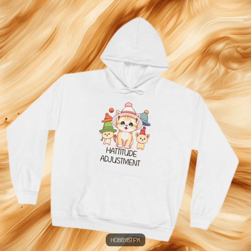 Funny hoodie featuring a curious kitten delighting in trying on various oversized hats, perfect for cozy and humorous wear.