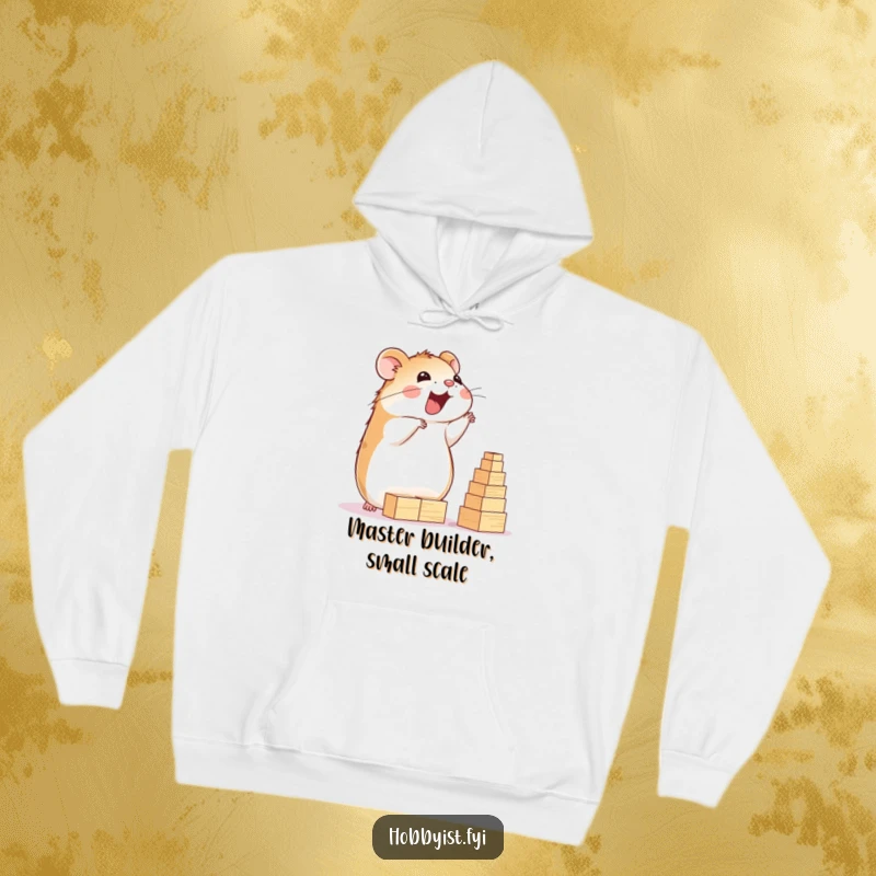 Funny Hamster Hoodie: A delighted hamster happily builds a towering structure of tiny wooden blocks, offering warmth and building fun, a fantastic funny gift.