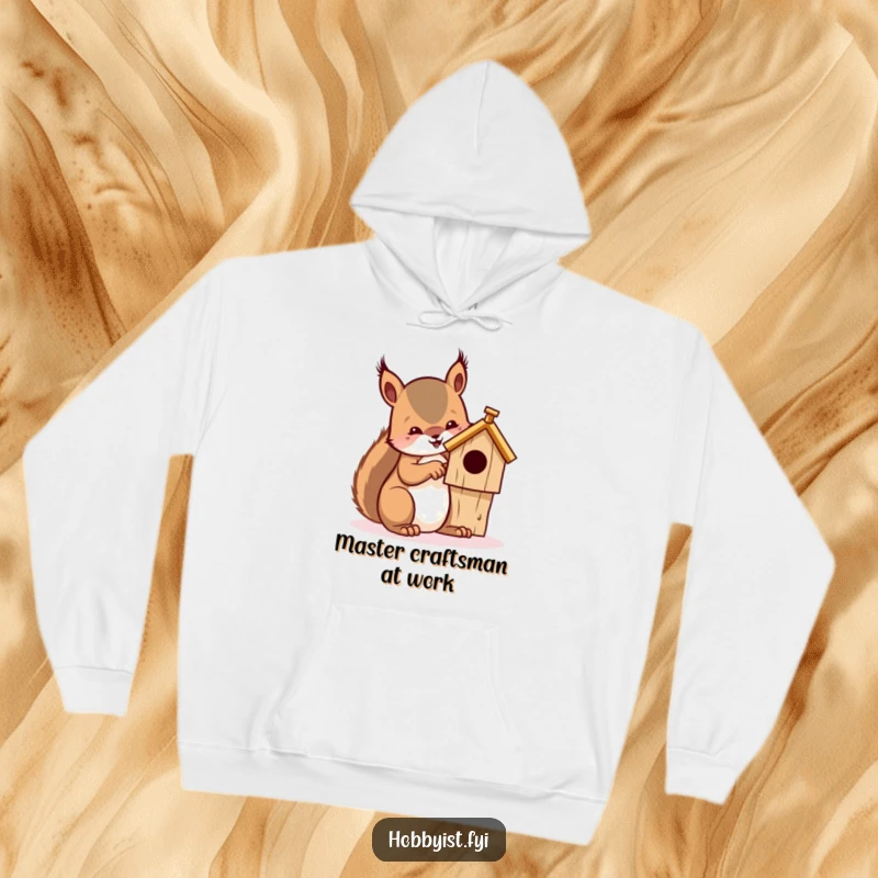 Funny hoodie design showcasing a focused squirrel expertly whittling a miniature wooden birdhouse, perfect for chilly crafting days.