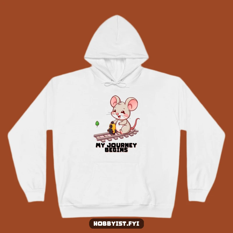 Cozy Funny Mouse Train Adventure Hoodie - Warm Playful Character Apparel