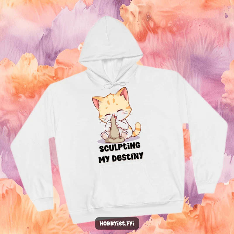 Funny cat sculpting hoodie featuring a playful cat focused on creating a clay figure, symbolizing artistic pursuit and mischievous creativity.