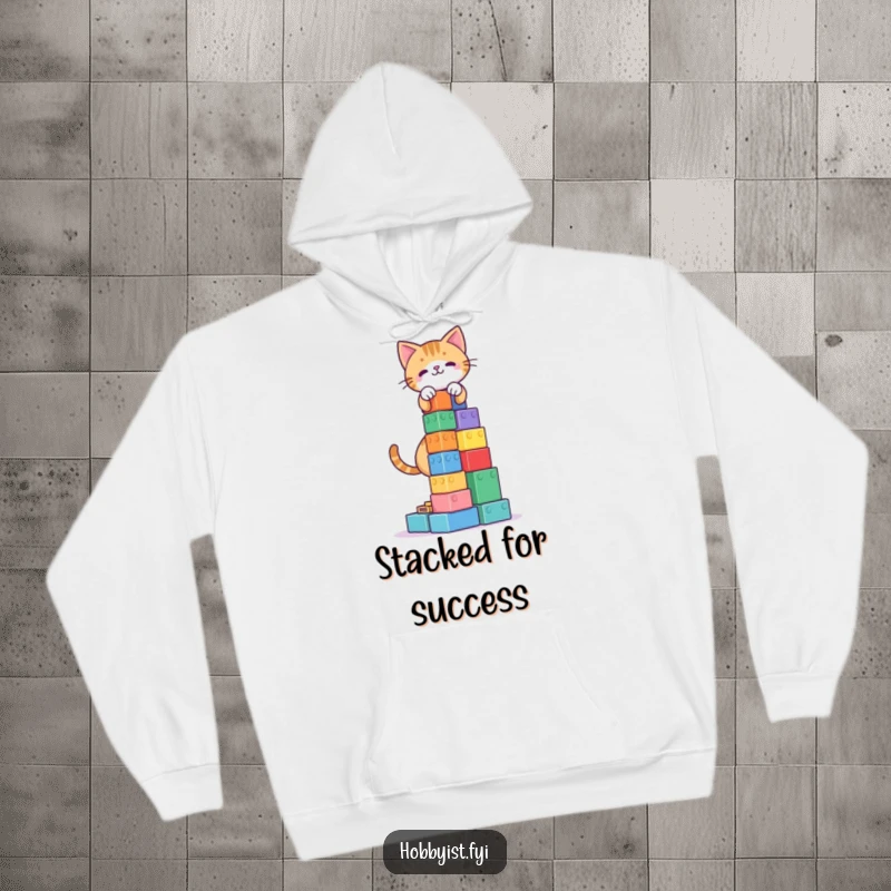 Funny Cat Blocks Tower Hoodie: A playful cat building a tall block tower, perfect for a warm and funny hoodie.