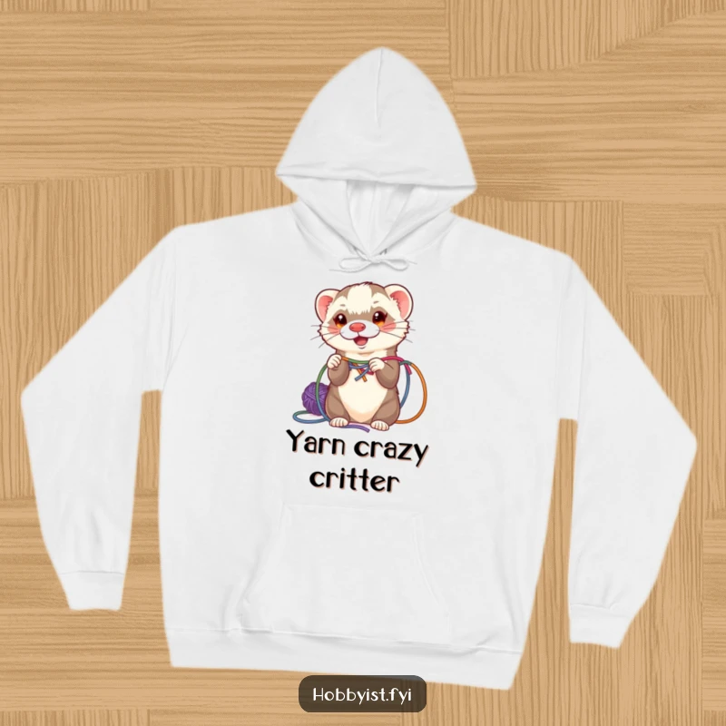 Funny ferret energetically weaving vibrant yarn, depicted on a comfortable hooded sweatshirt, great for crafters and pet owners.