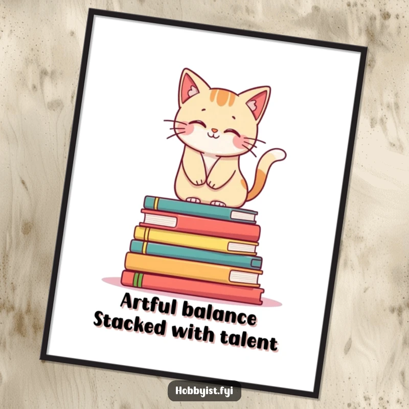 Funny Free Printable Wall Art: A smiling cat gracefully balances atop a precarious stack of art books, looking smug.