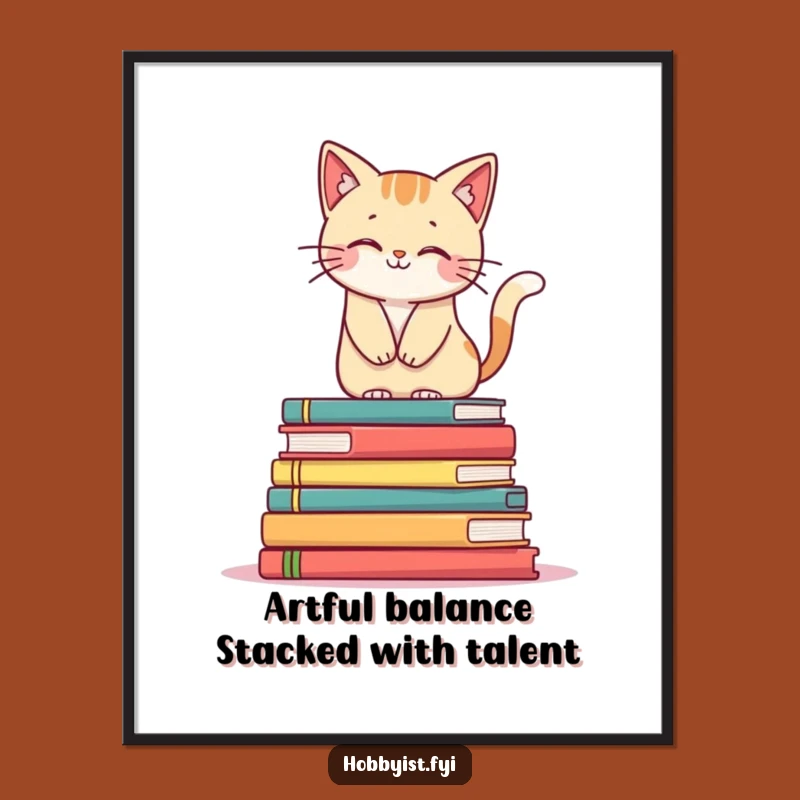 Free Printable Wall Art - Funny Smiling Cat Balancing Art Books, Downloadable Decor