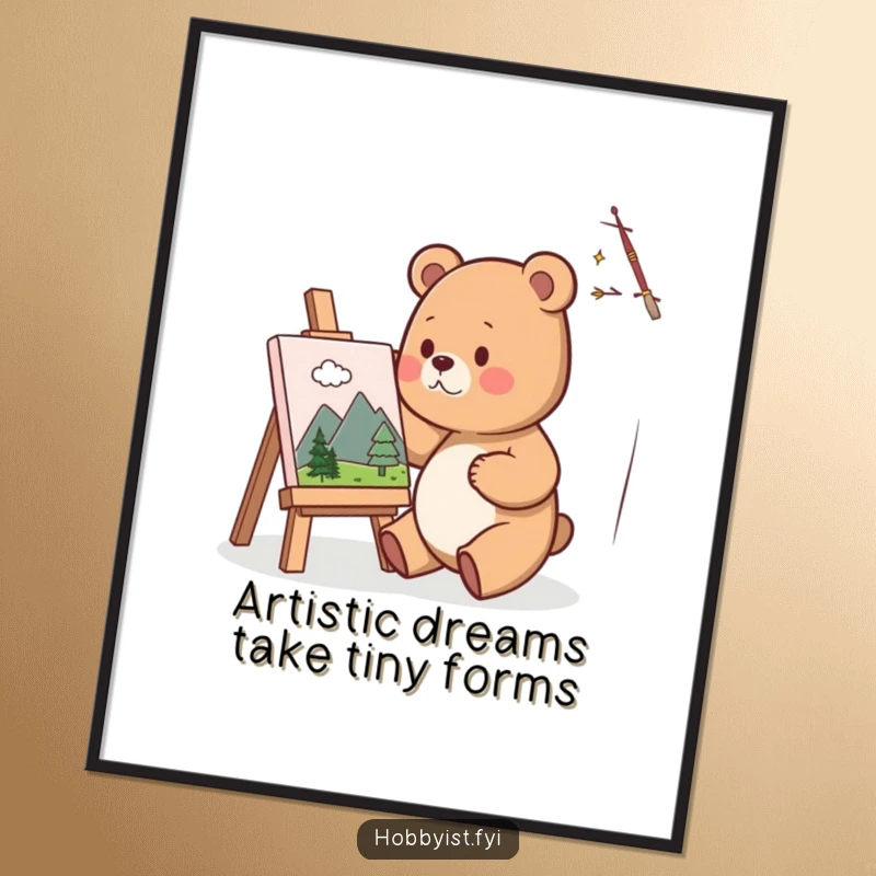 Funny Free Printable Wall Art: A cute bear happily painting a miniature landscape on a small canvas, looking focused and artistic.