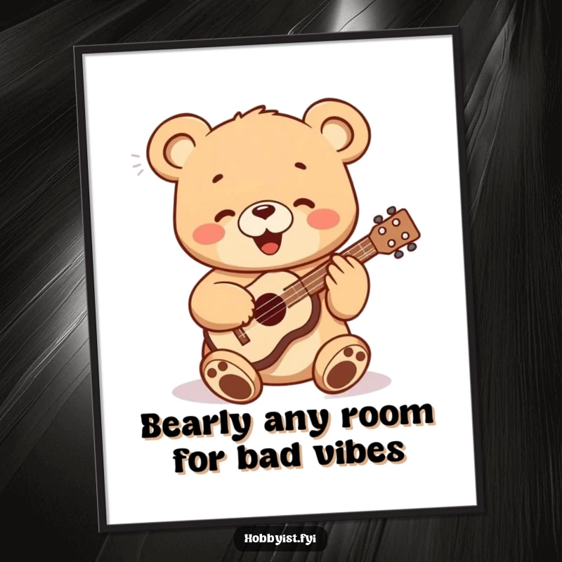 Funny free printable wall art of a happy bear cub enthusiastically playing a miniature ukulele, sure to bring smiles.