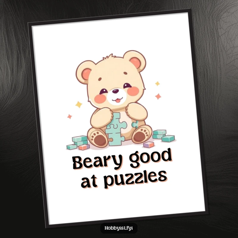 Funny Free Printable Wall Art: Curious bear cub intensely focused on assembling a large, intricate puzzle with a look of intense satisfaction.