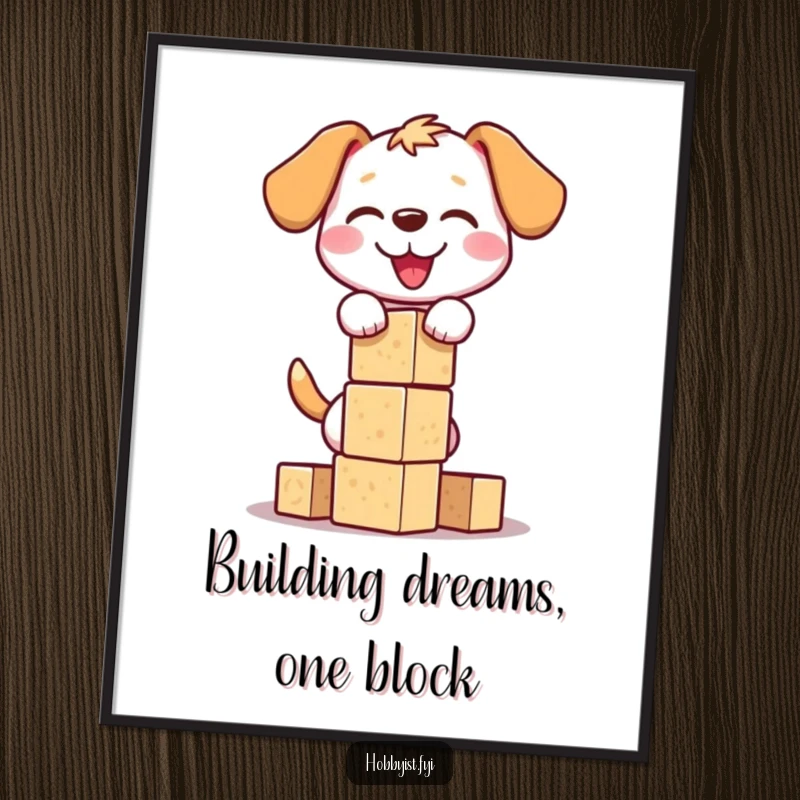 Funny Free Printable Wall Art of a happy dog concentrating hard while building a ridiculously tall and unstable tower of wooden blocks.