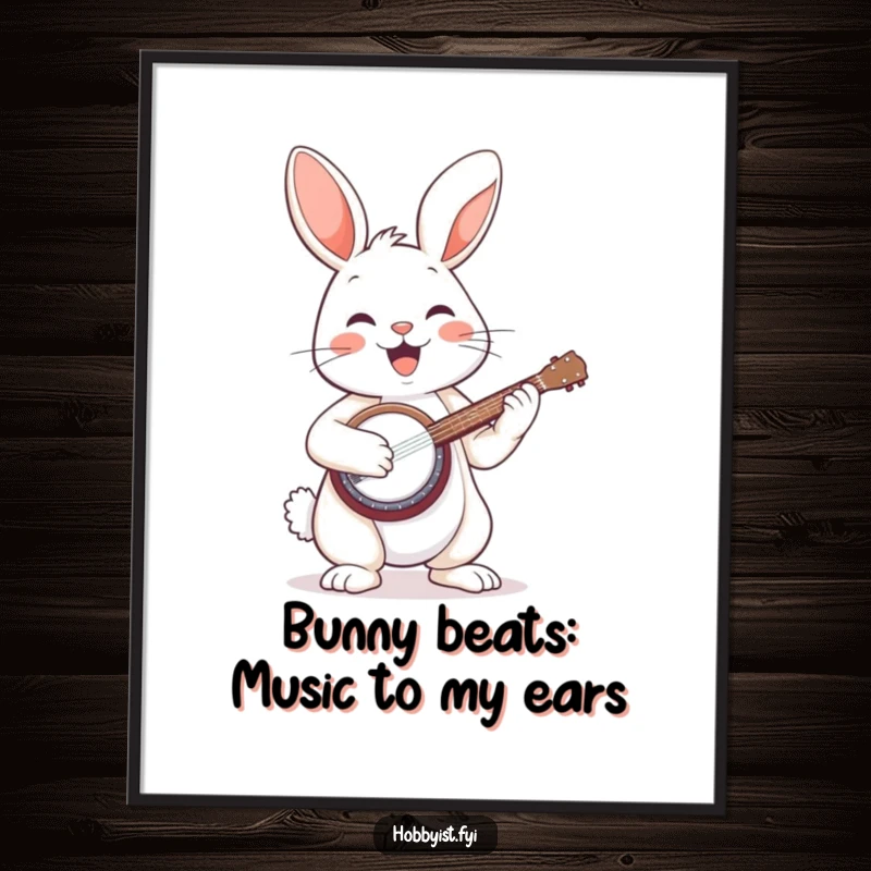 Funny Free Printable Wall Art: An enthusiastic bunny joyfully playing a miniature banjo, bringing musical humor to your decor.