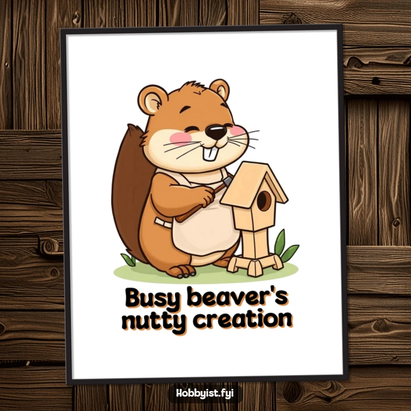 Funny Free Printable Wall Art: Adorable Beaver Wearing Apron Happily Hammering a Miniature Birdhouse