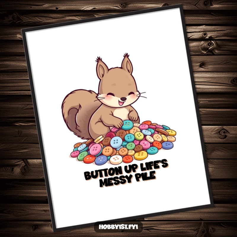Funny Free Printable Wall Art: A smiling squirrel diligently sorting a large pile of shiny buttons, adding quirky charm to any room.