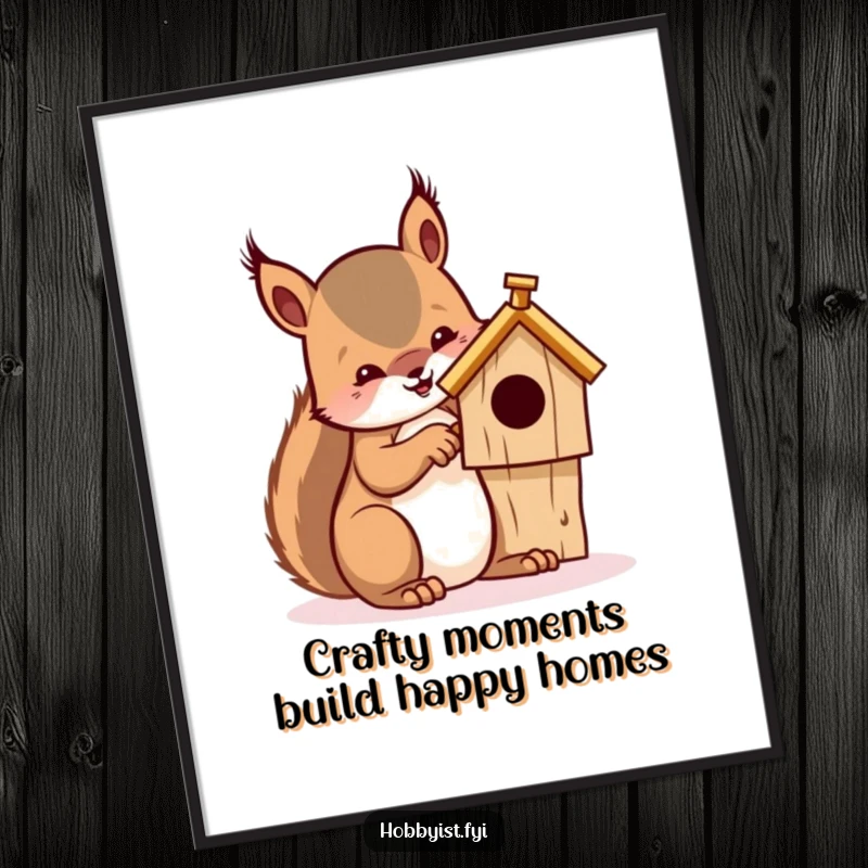 Funny Free Printable Wall Art: Focused squirrel expertly whittling a mini birdhouse, detailed illustration, home decor.
