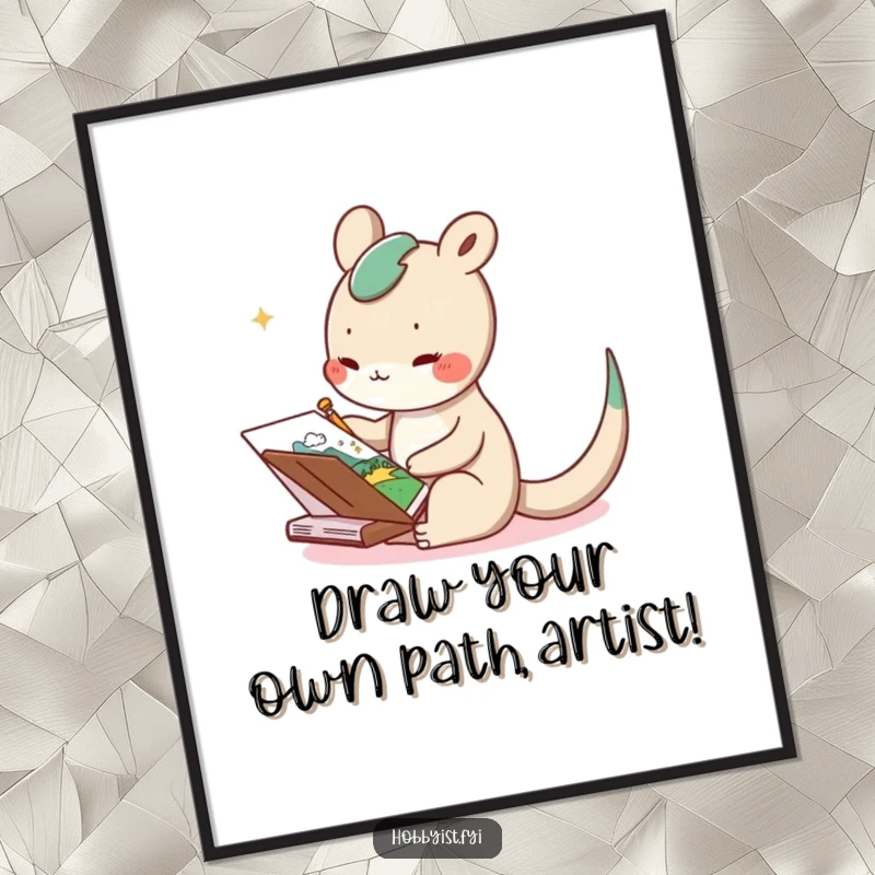 Funny Free Printable Wall Art of a delighted creature with a long tail sketching a whimsical landscape in a notebook, adding charm.