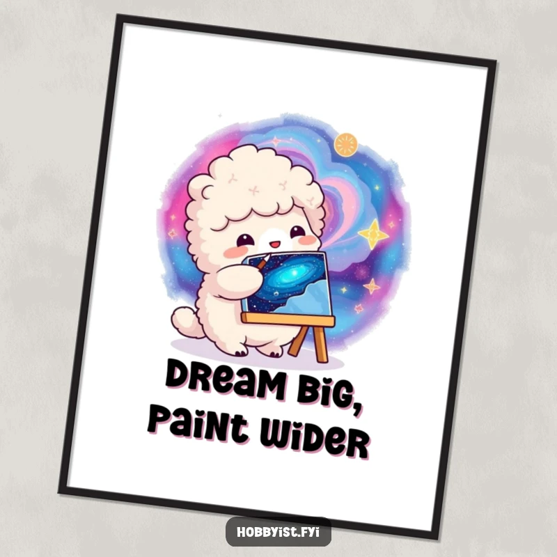 Funny Free Printable Wall Art of a fluffy creature happily painting a vibrant, swirling galaxy on a small canvas, creating cosmic beauty.