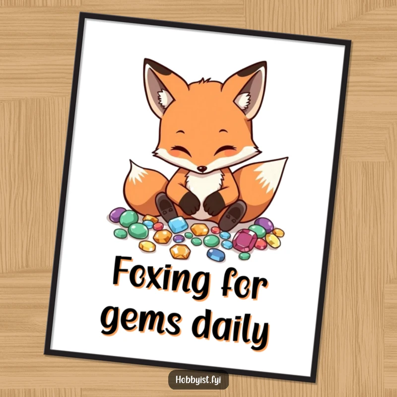 Funny Free Printable Wall Art: A diligent fox meticulously arranges small, polished gemstones, creating a captivating display. Downloadable art.