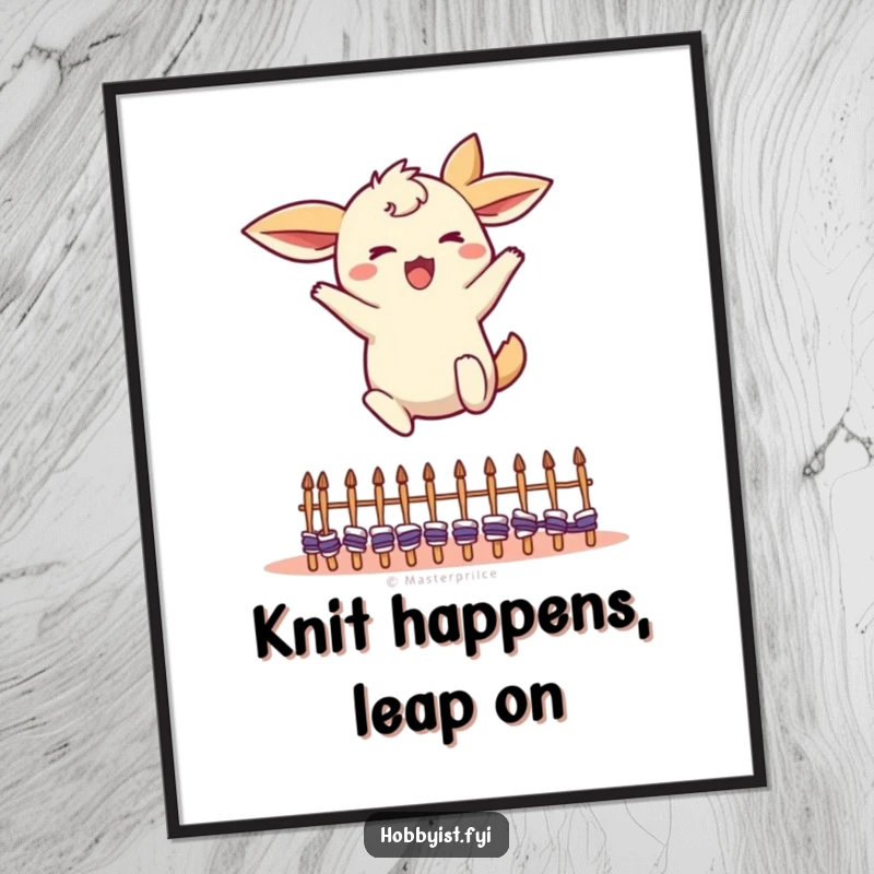 Funny Free Printable Wall Art: An energetic creature with ears flying, enthusiastically leaping over small knitting needles.