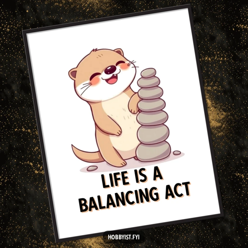 Funny Free Printable Kawaii Otter Wall Art, a giggling otter expertly balancing a precarious stack of pebbles, ideal for downloadable decor.