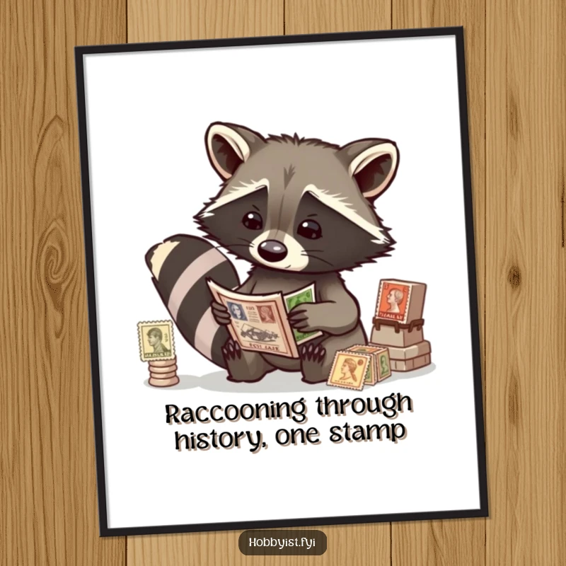 Funny free printable wall art of a curious raccoon intently examining a collection of antique stamps, capturing a moment of discovery.