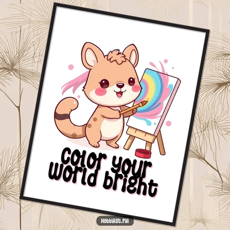 Funny Free Printable Wall Art: A cheerful animal character happily paints a vibrant, swirling, abstract picture with artistic flair.