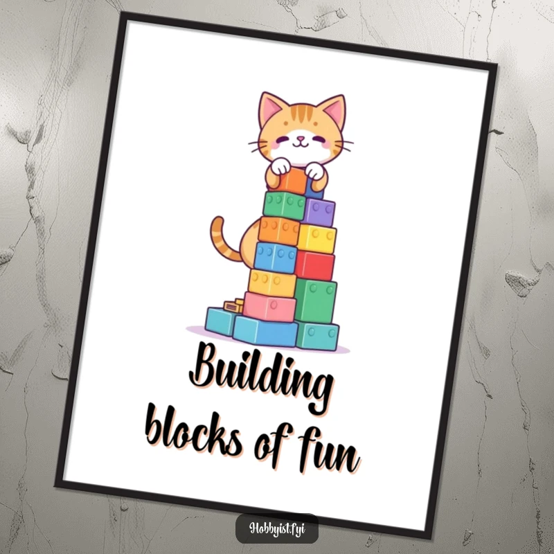 Funny Free Printable Wall Art: A playful cat meticulously builds a tall, colorful tower using various building blocks with concentration.
